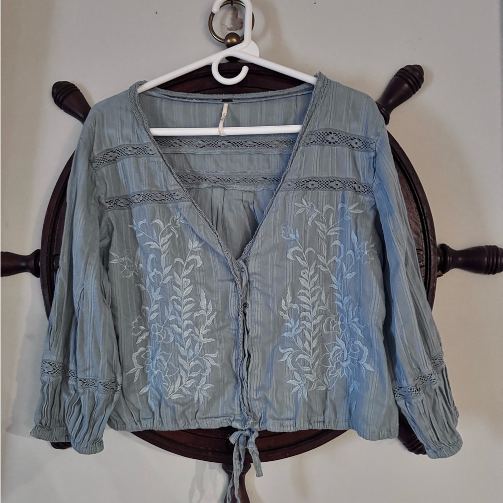 Free People Blue and White Puff Sleeve Blouse with Tie Front